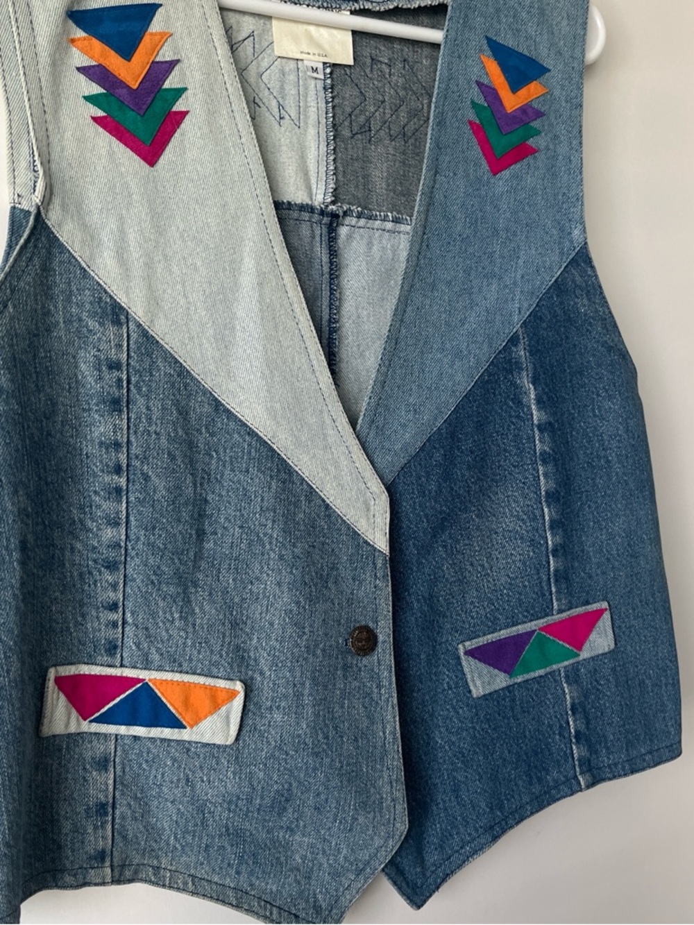 Vintage Denim Vest with Colorful Geometric Inlays - Picture 3 of 5